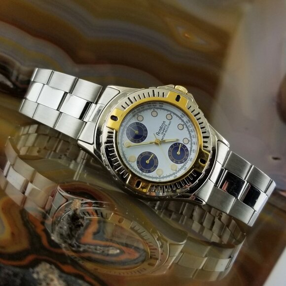 Vintage Mens Silver & Gold TN ARMITRON Chronograph Watch Military Time - Picture 1 of 5
